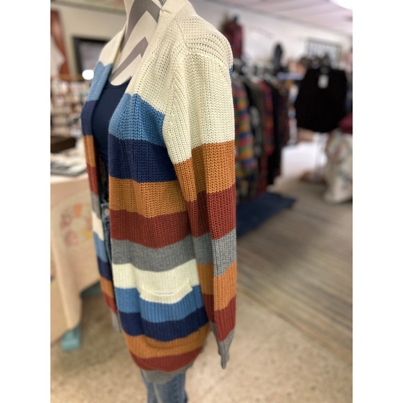 Striped Knit‎ Cardigan Sweater Open Front Pockets Cozy Colorful, Size M - Picture 4 of 5